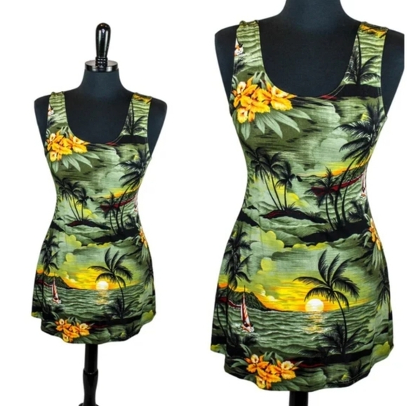 Vintage 90's Green Hawaiian Mini Tank Sun Dress Sunset Junior's Medium M EUC - Picture 2 of 6